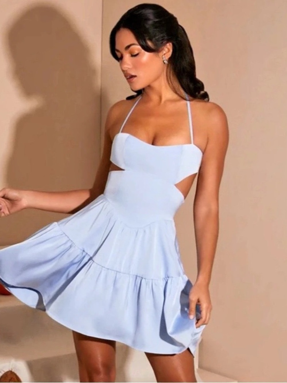 Oh Polly Fleur Halter Neck Cut Out Mini Dress in Blue